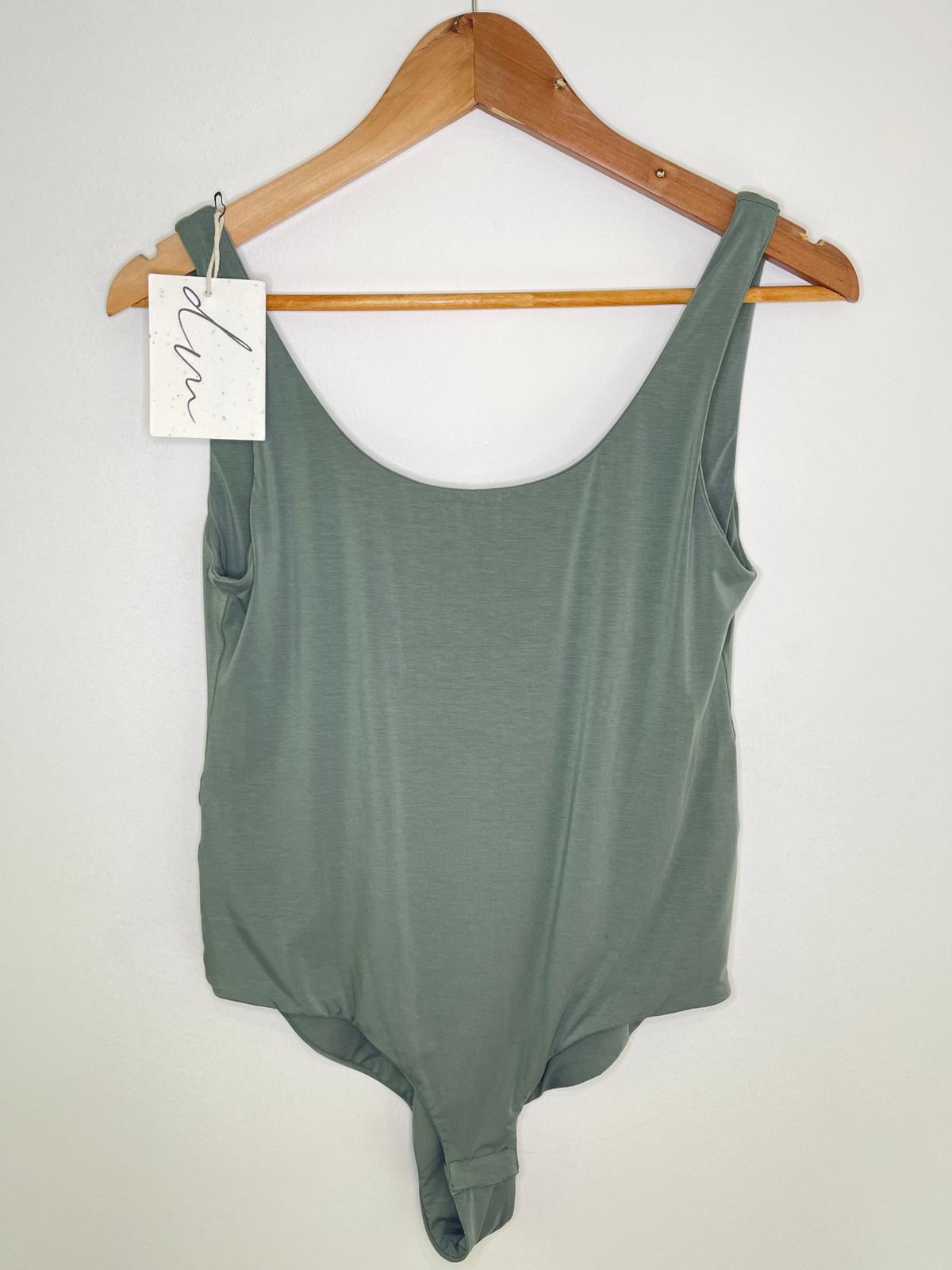 sustainable low back bodysuit in khaki green